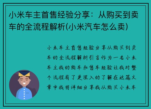 小米车主首售经验分享：从购买到卖车的全流程解析(小米汽车怎么卖)