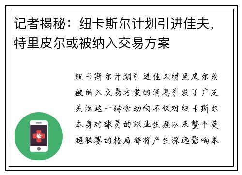 记者揭秘：纽卡斯尔计划引进佳夫，特里皮尔或被纳入交易方案