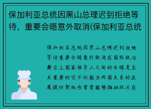 保加利亚总统因黑山总理迟到拒绝等待，重要会晤意外取消(保加利亚总统合影)