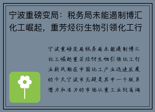 宁波重磅变局：税务局未能遏制博汇化工崛起，重芳烃衍生物引领化工行业新风潮